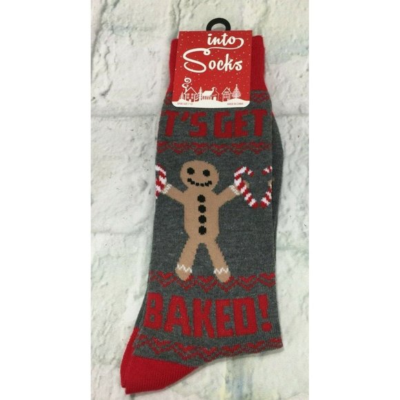 Christmas Socks "Let's Get Baked" Gingerbread Men's Crew Socks Shoe Size 7-12 - Picture 1 of 5